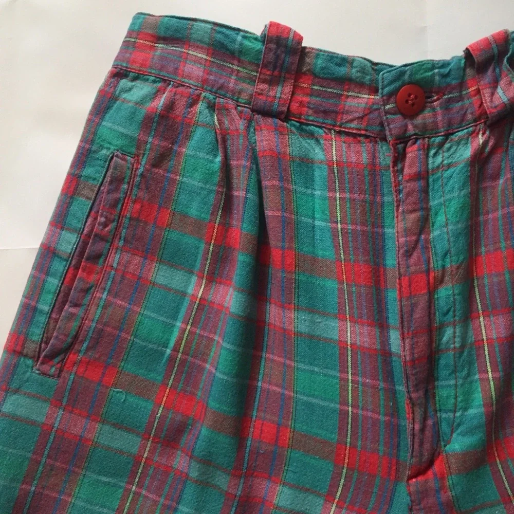 Vintage 80s Ultra Fun Peddlers Cotton Shorts Green and Red Plaid Juniors Size 9 - Picture 3 of 12